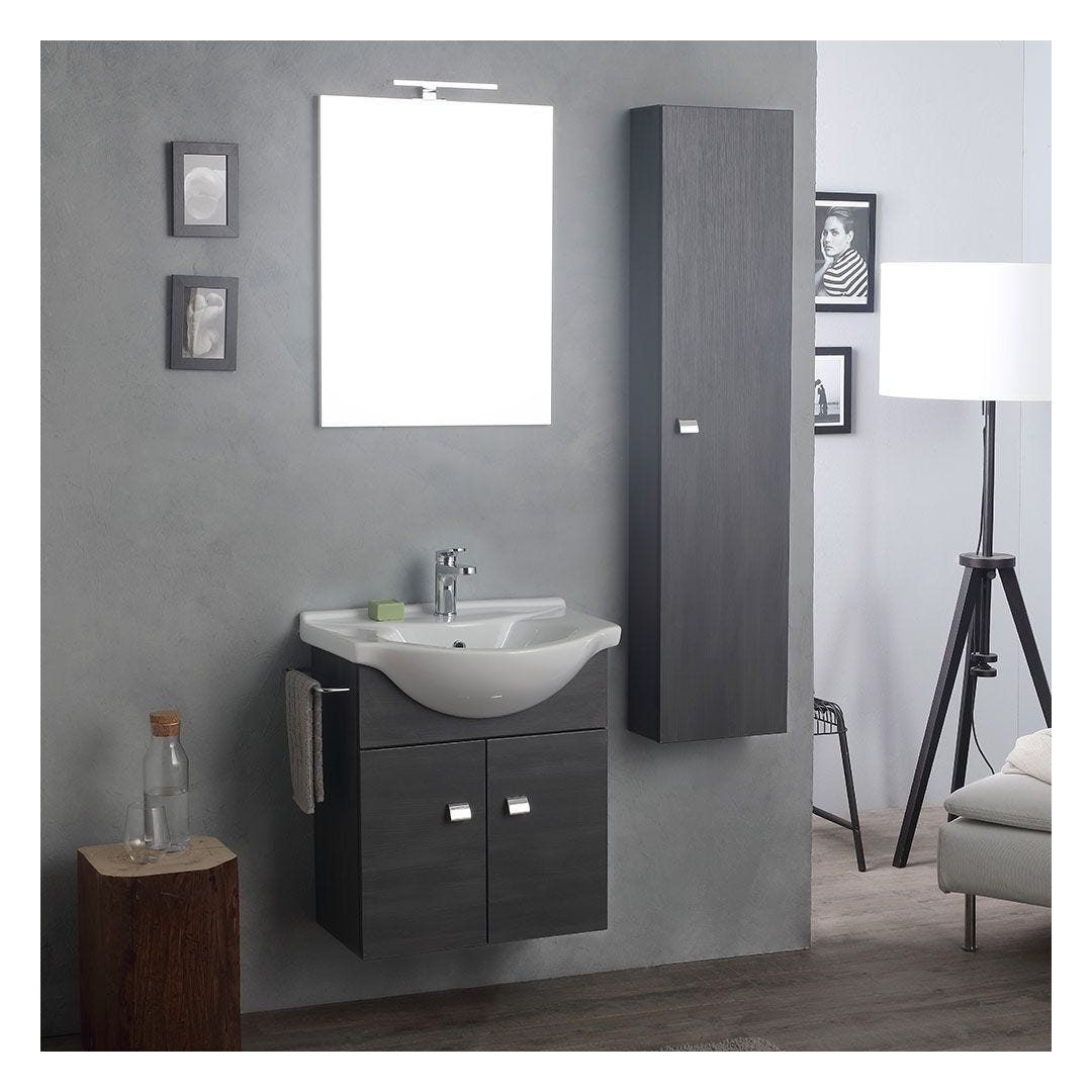 Mobile bagno di design con lavabo ad appoggio, specchio con LED e pensili,  rovere. L.135 x P.50 cm