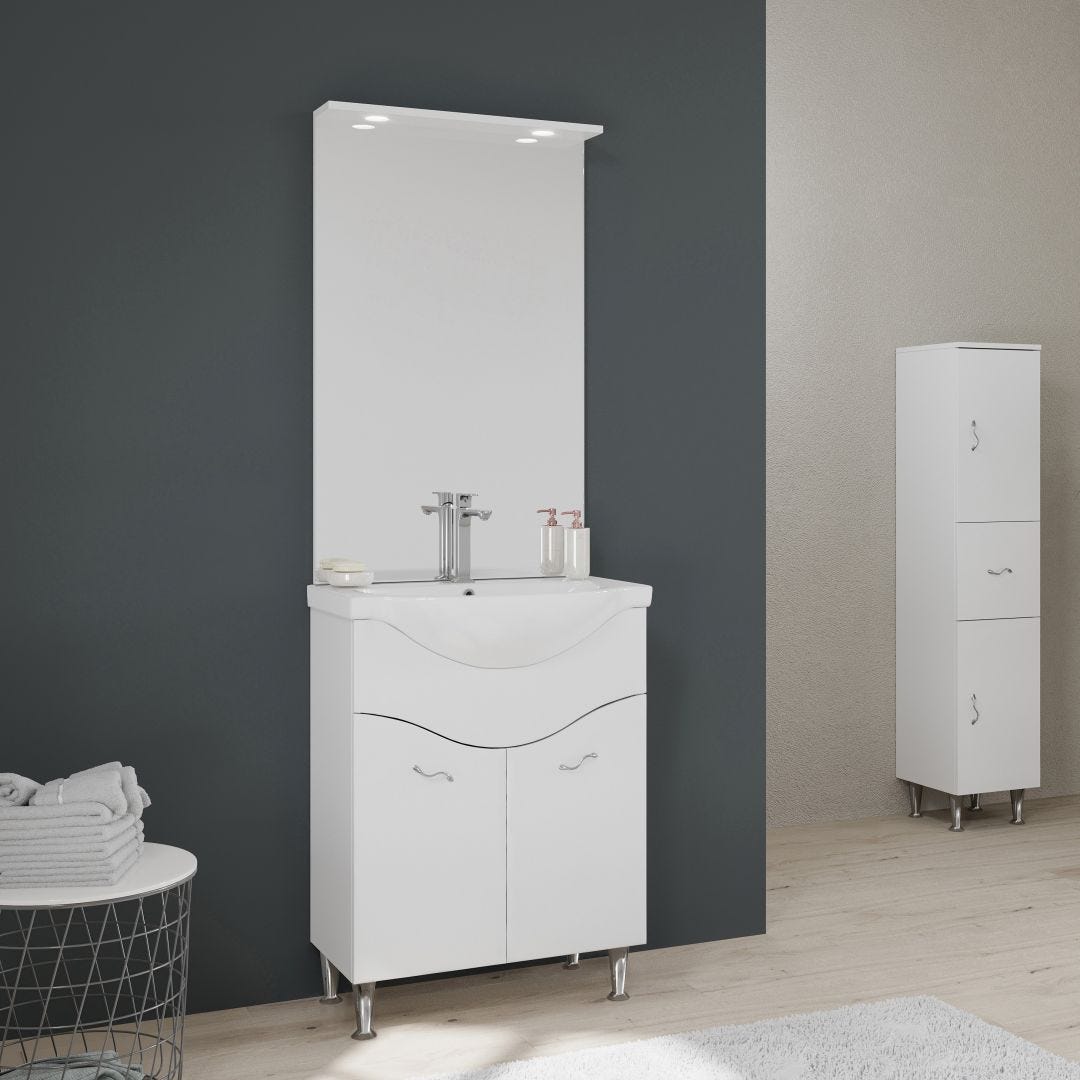 MOBILE BAGNO A TERRA 65CM 2 ANTE, SPECCHIO CON LED BIANCO LUCIDO