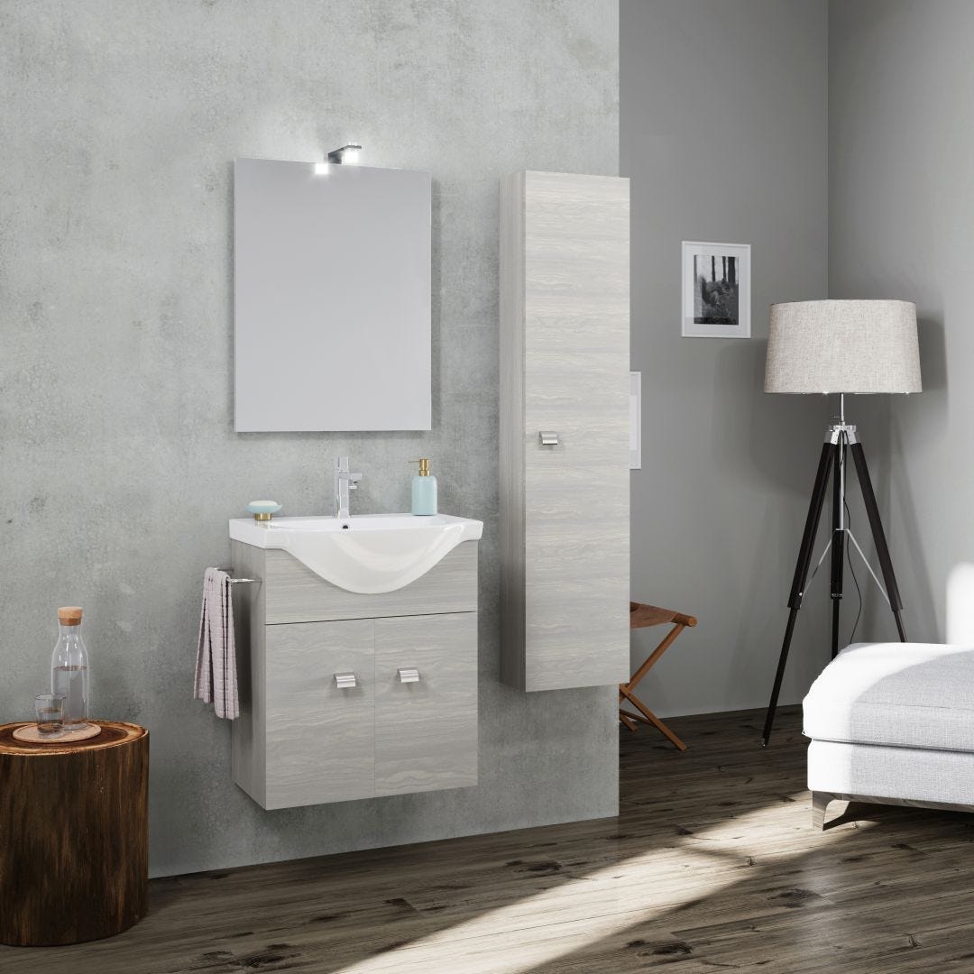 MOBILE BAGNO SOSPESO 56,5CM CON COLONNA GRIGIO, LAVABO+SPECCHIO