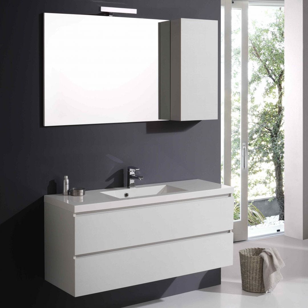 Mobiletto pensile da bagno con specchiera con mensole in legno bianco