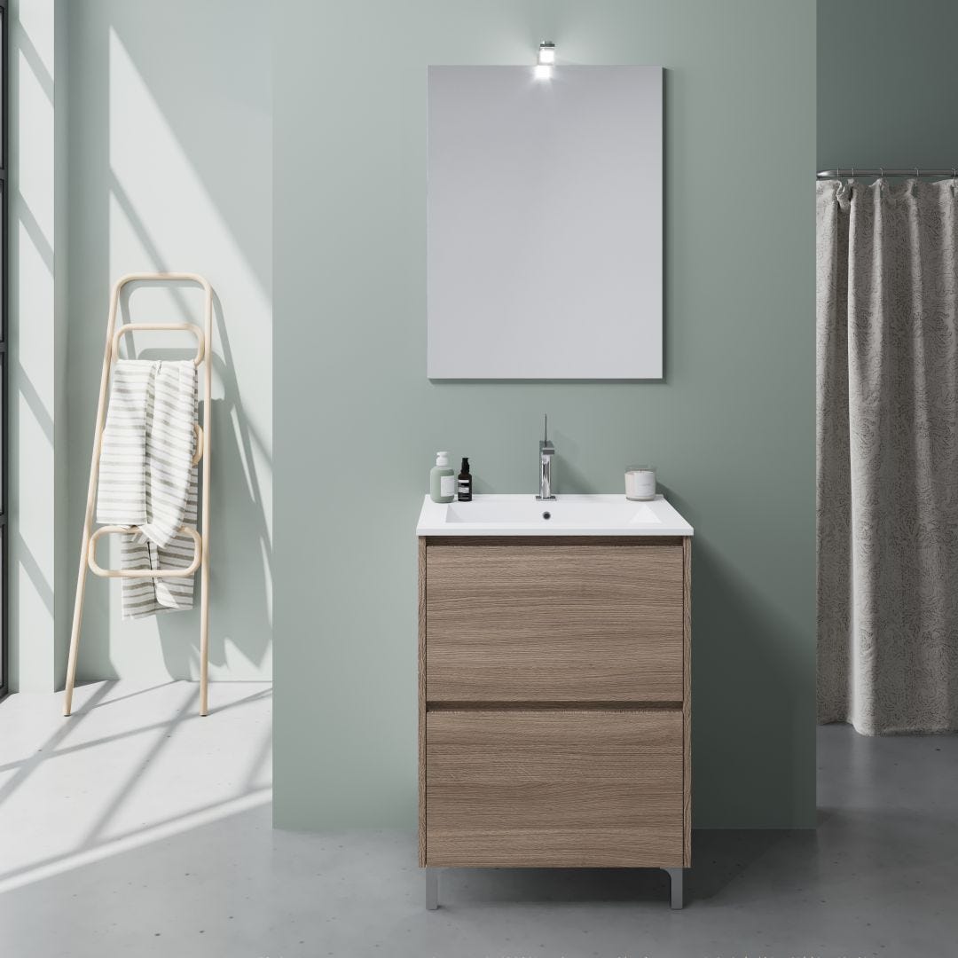 Mobile bagno 60 cm a terra con lavabo in ceramica e specchio con cassetti rovere Agadir 