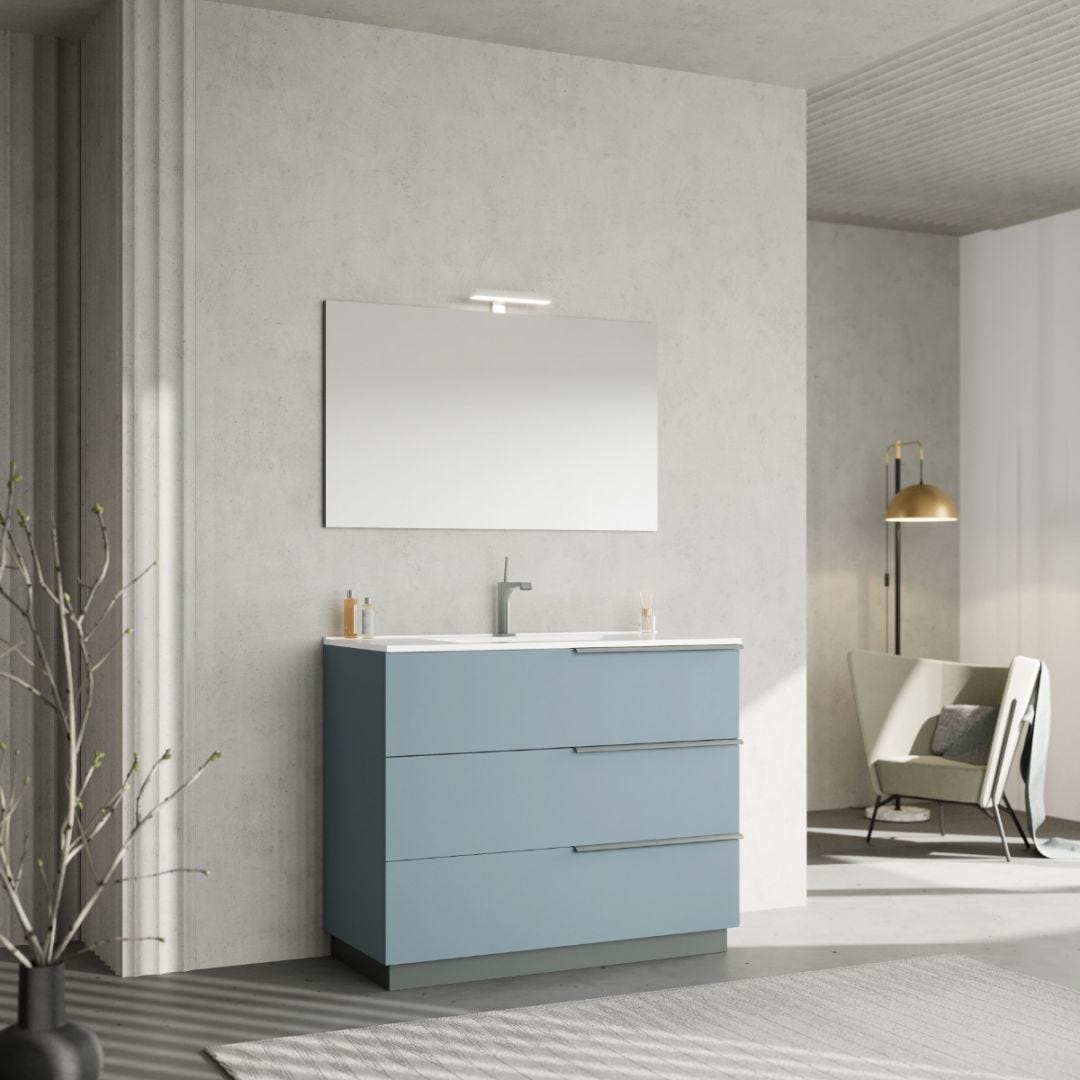 ARREDO BAGNO A TERRA 100CM CELESTE, SPECCHIO 100X60 CON LAMPADA