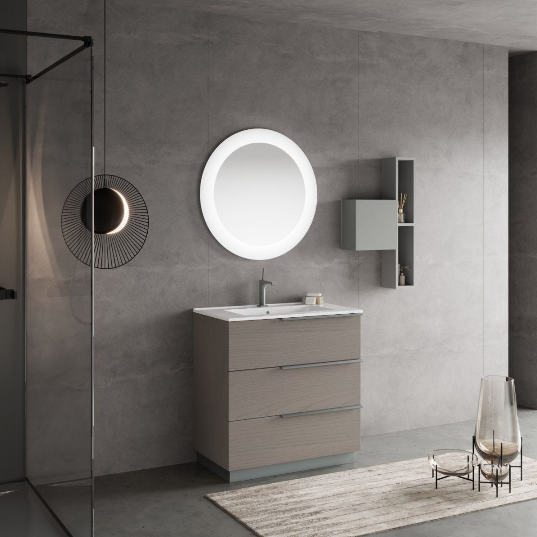 MOBILE BAGNO A TERRA 80CM GRIGIO FRASSINO, SPECCHIO TONDO LED