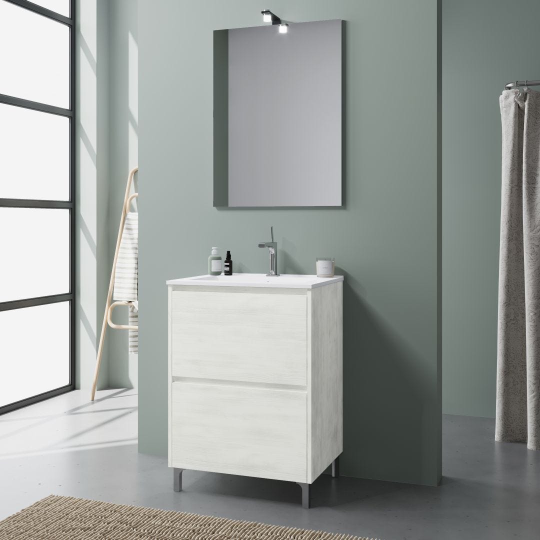 Mobile bagno a terra 60 cm bianco opaco, lavabo bianco opaco