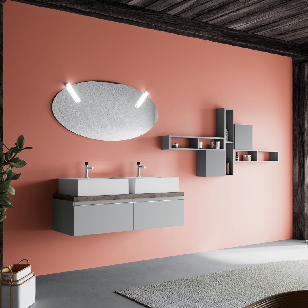 MOBILE BAGNO GRIGIO PERLA DOPPIO LAVABO DA APPOGGIO 120CM SPECCHIO OVALE