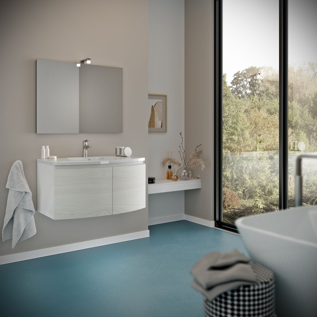 Mobile bagno sospeso 40 cm salvaspazio con lavabo e specchio bianco laccato