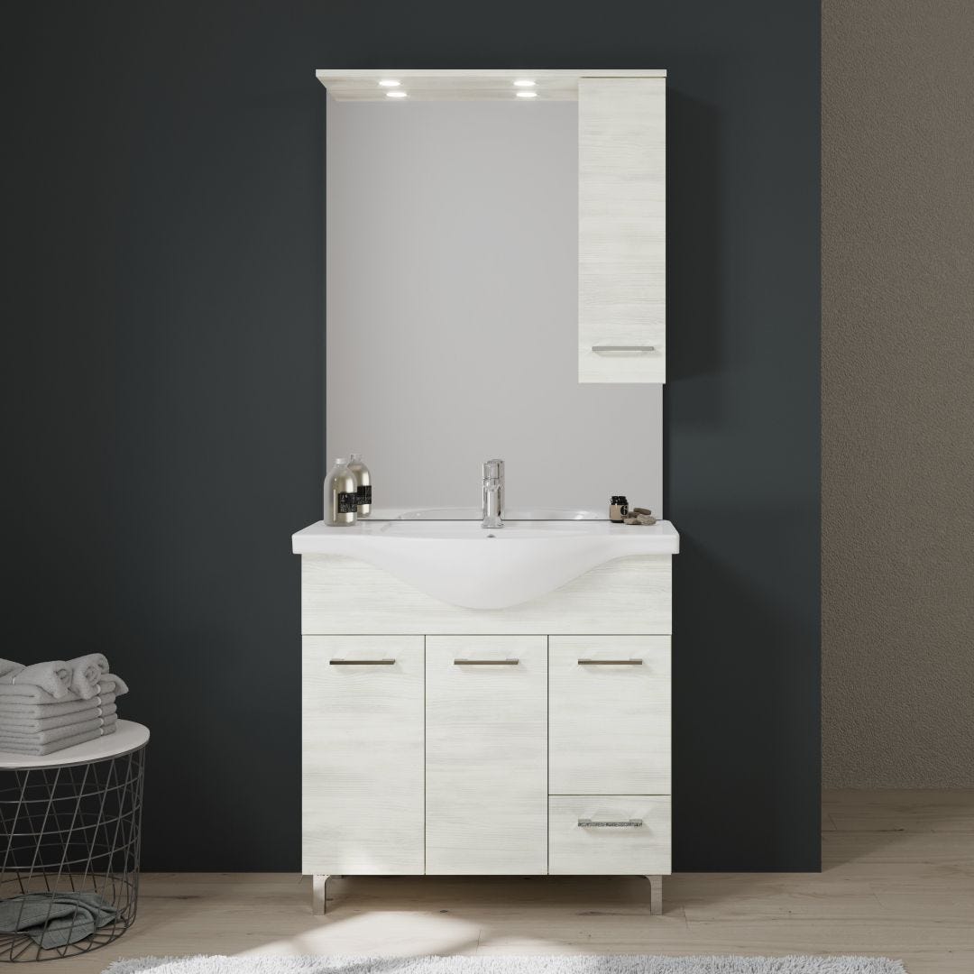 Mobile bagno da terra 80 legno bianco con lavabo e specchio, Lucy