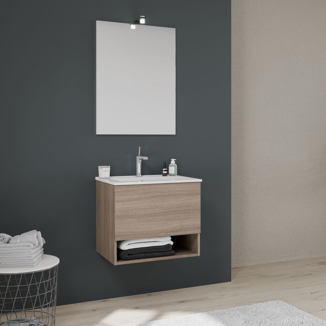 MOBILE BAGNO 60CM CASSETTO E VANO A GIORNO EFFETTO LEGNO