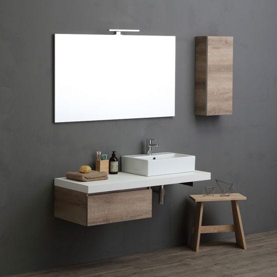 Mobile componibile per bagno con specchio, illuminazione, pensile, e lavabo in ceramica