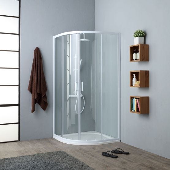 Box doccia economico 80x80 semicircolare con vetro trasparente e profili bianchi in metallo verniciato