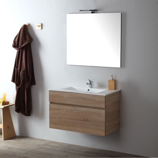 Mobile per bagno sospeso in quercia naturale con un solo cassetto, lavabo, specchio (no lampada)
