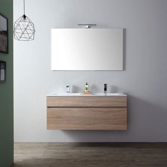 Mobile bagno completo linea Sole, sospeso con un cassettone alto, lavabo e specchio