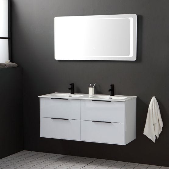 Composizione bagno sospeso da 120 cm bianco con specchio a led