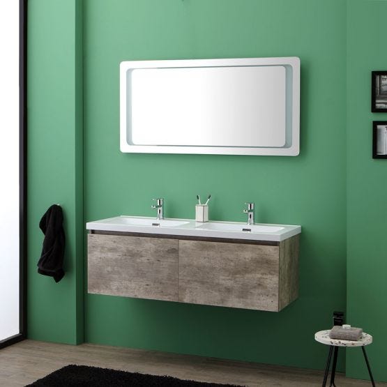 Composizione sospesa con cassetti, lavabo in resina e specchio touch