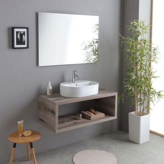 Base sospesa rovere fossile con lavabo ovale da appoggio e specchio