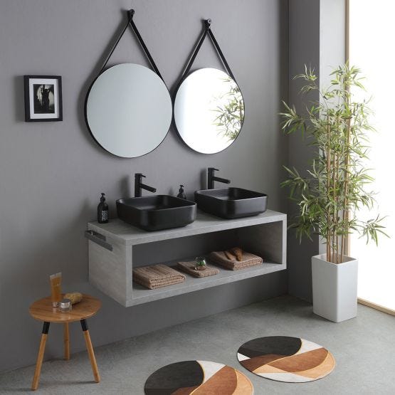 Mobile bagno 120cm grigio cemento con 2 lavabi nero opaco e 2 specchi rotondi