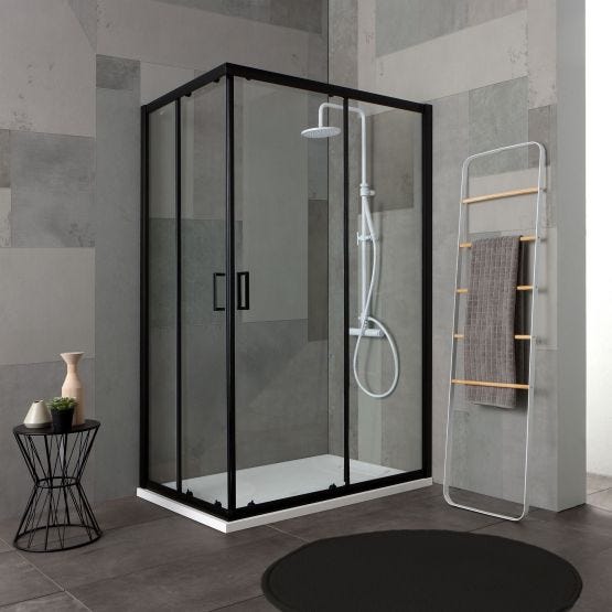 Box doccia rettangolare modello City, profili color nero opaco e vetro 6 mm trasparente