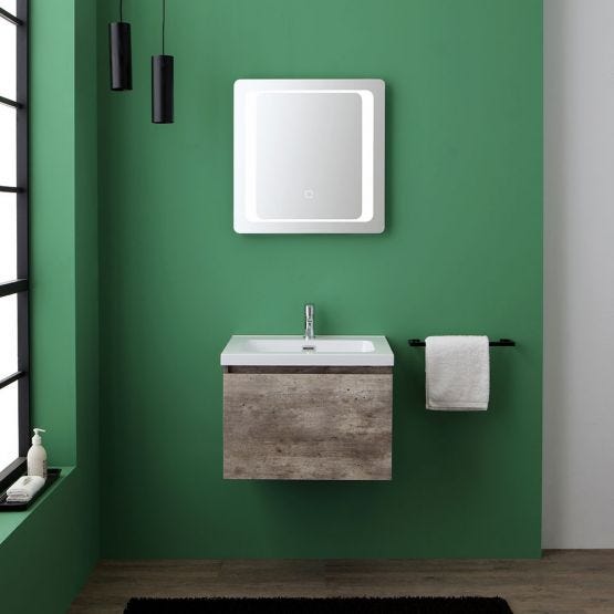 Mobile bagno sospeso con cassetto cemento lavabo e specchio a led