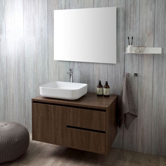 Mobile bagno da 90cm sospeso noce scuro e lavabo d'appoggio