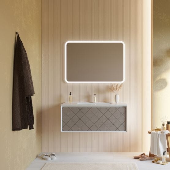 Mobile bagno sospeso con cassetto cappuccino e specchio led