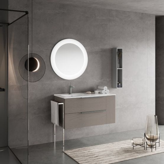 Mobile bagno sospeso grigio frassino con vano laterale e specchio tondo