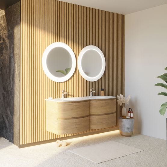 Mobile bagno sospeso curvo da 140 cm in rovere miele con doppio lavabo