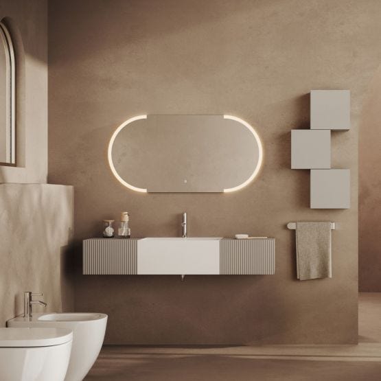 Mobile bagno sospeso 2 cassetti grigio perla cannettato e specchio led