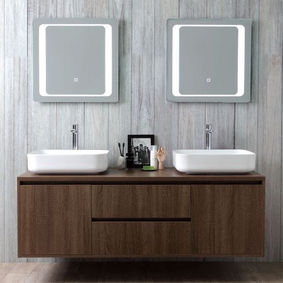 Mobile sospeso con due postazioni lavabo d'appoggio e specchio led touch