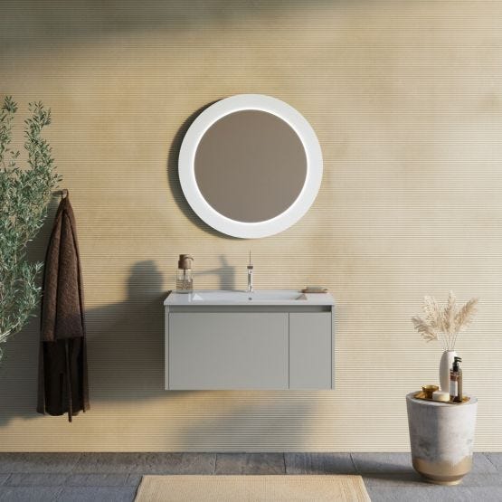 Mobile bagno sospeso 80cm beige opaco e specchio tondo