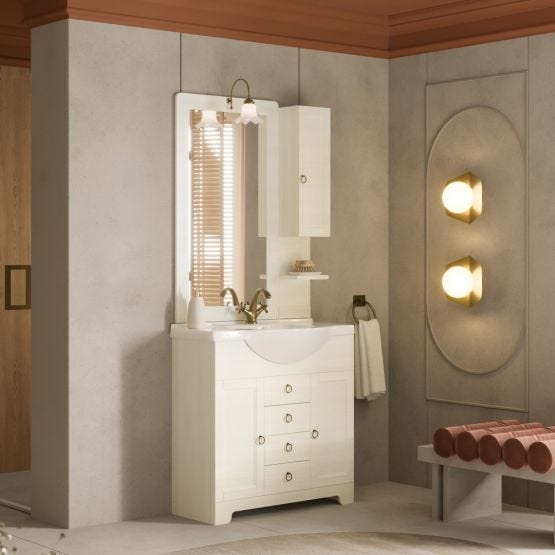 Mobile bagno 85cm bianco decapato con specchio e pensile