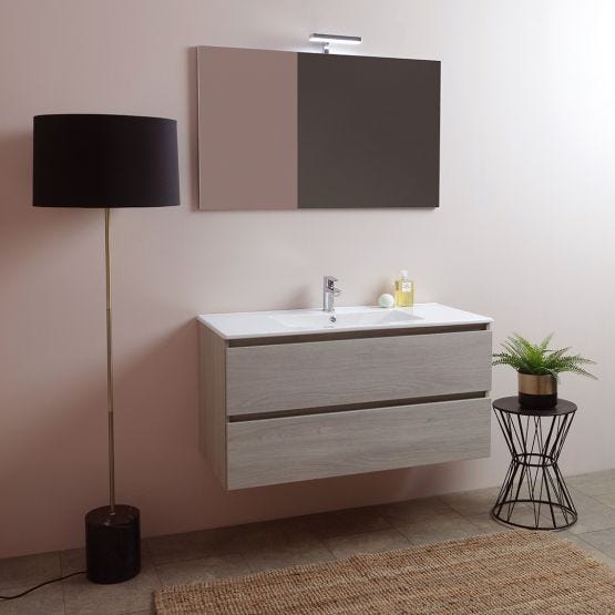 composizione bagno effetto legno con lavabo e specchio con applique led