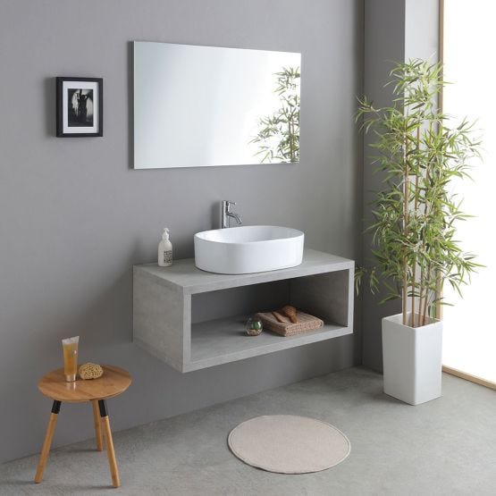 Mobile bagno sospeso cemento con lavabo ovale bianco in ceramica