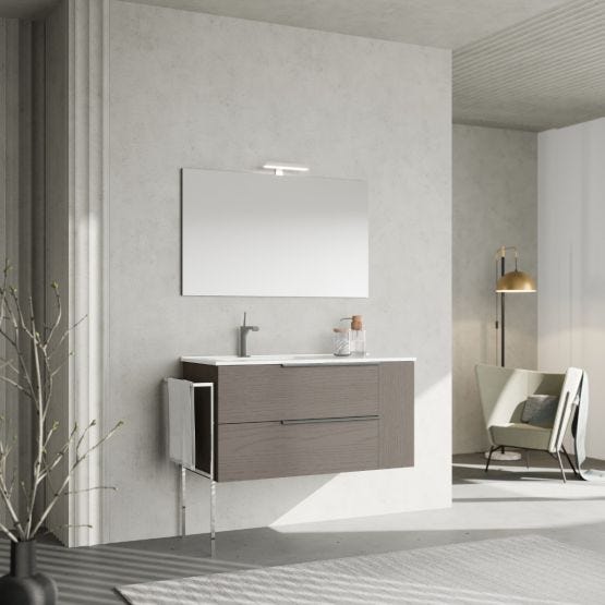 Mobile per bagno sospeso grigio effetto legno con specchio 100x60