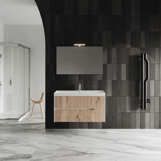 Mobile bagno sospeso 100 cm rovere scuro con specchio contenitore