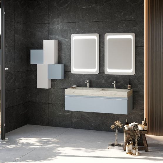 Mobile bagno sospeso con 2 cassetti blu e lavabo rovere ghiaccio