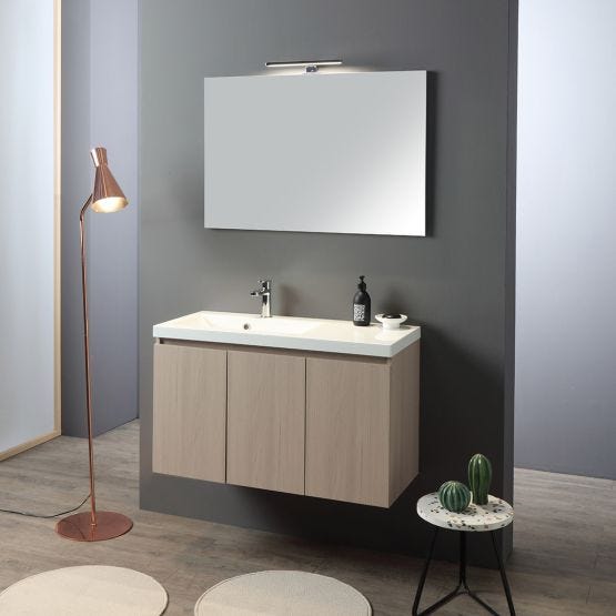 Mobile bagno sospeso con 3 ante in legno, lavabo e specchio 