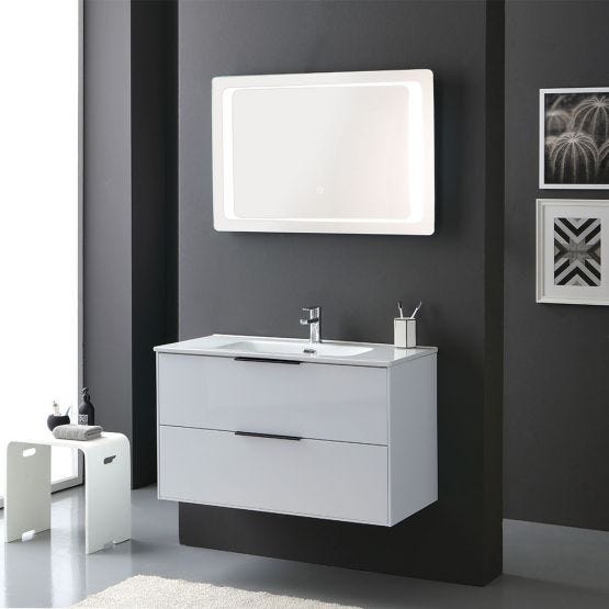 Mobile bagno bianco lucido con due cassetti, lavabo e specchio