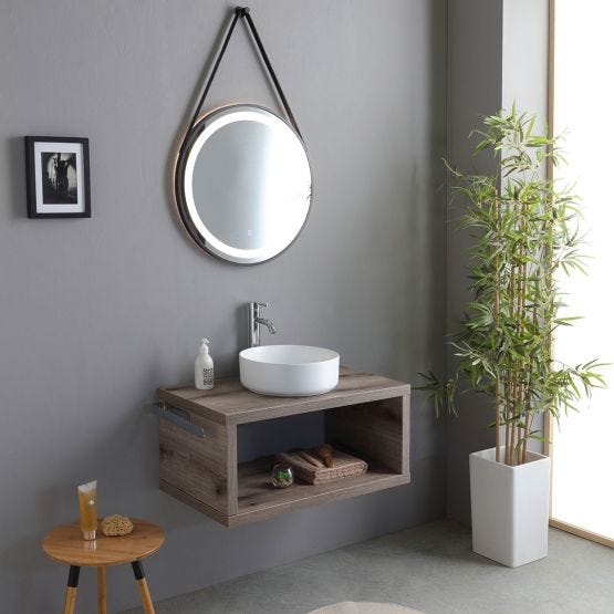 Mobile sospeso 80cm rovere fossile, lavabo in ceramica bianco e specchio tondo led