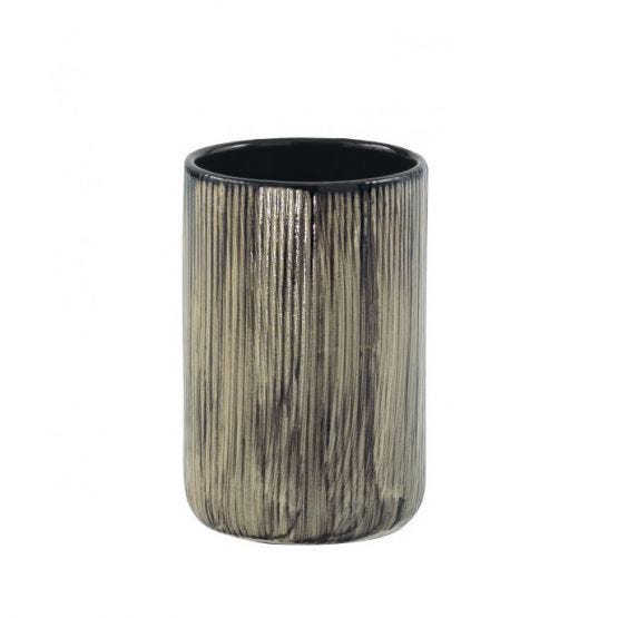 Porta spazzolini da appoggio in ceramica con lavorazione esterna in rilievo, venature più chiare e interno tinta unita