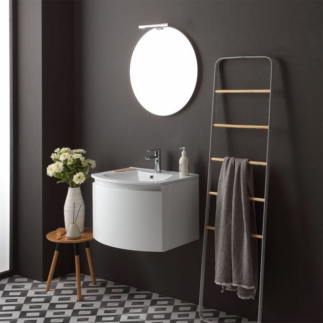 MOBILE BAGNO SOSPESO CURVO BIANCO 62CM CON SPECCHIO TONDO | RIVA