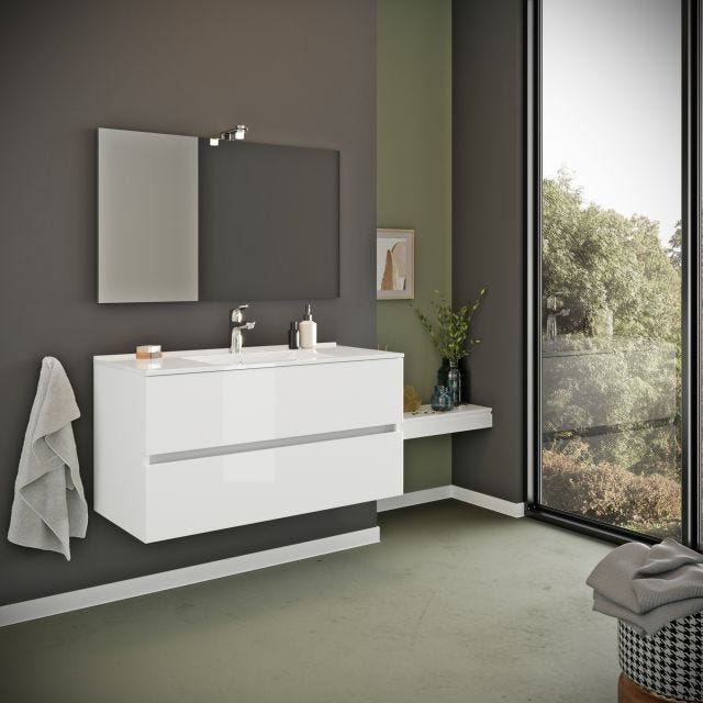 MOBILE BAGNO CON CASSETTI 100CM LAVABO E SPECCHIO BIANCO LUCIDO | BENACO