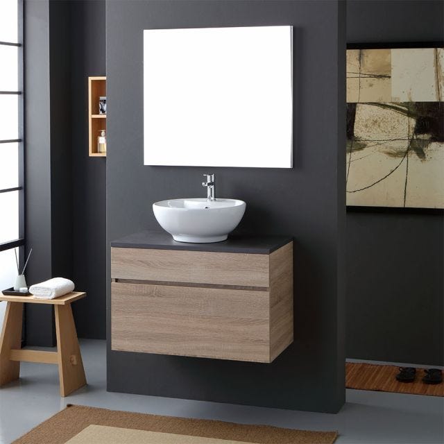 MOBILE BAGNO SOSPESO CM80 CON TOP IN LEGNO ANTRACITE E LAVABO DA APPOGGIO | SOLE