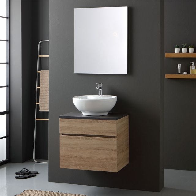 MOBILE BAGNO QUERCIA TOP LEGNO ANTRACITE LAVABO DA APPOGGIO TONDO | SOLE