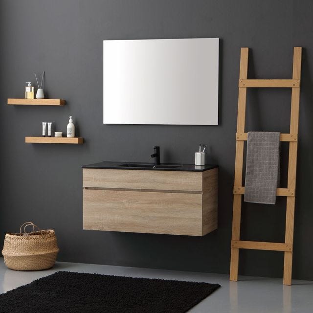 MOBILE BAGNO SOSPESO 100CM QUERCIA NATURALE CON LAVABO NERO OPACO | SOLE