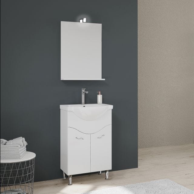 Mobile bagno a terra 55 noce con lavabo specchio e lampada