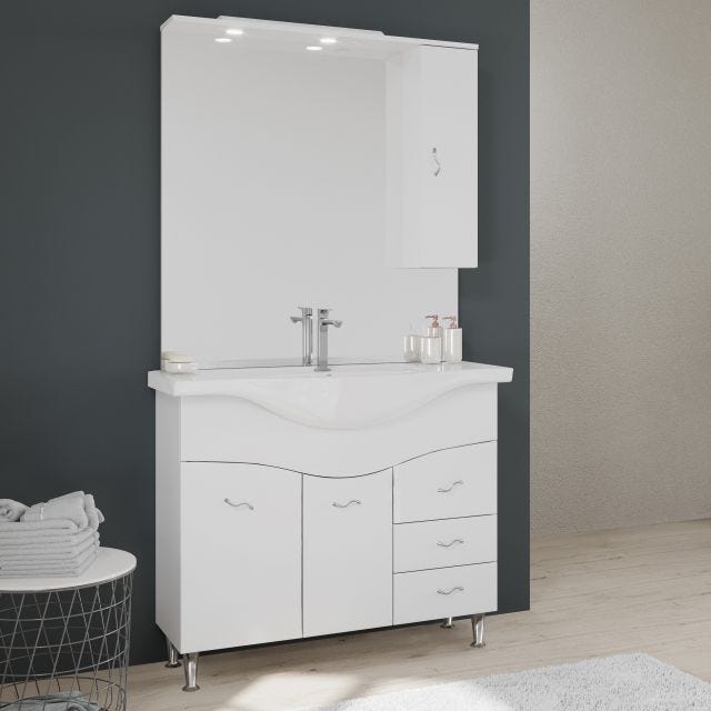 MOBILE BAGNO 106 CM CLASSICO CON LAVABO SPECCHIO E PENSILE BIANCO | EASY