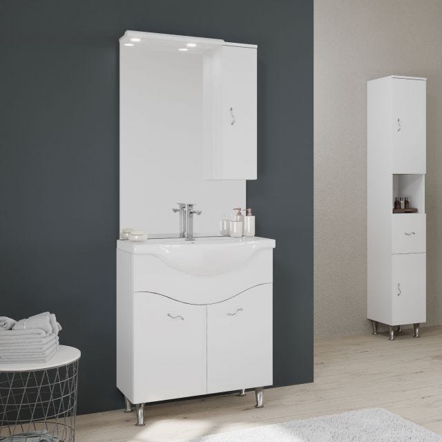 MOBILE BAGNO 75 CM 2 ANTE E PENSILE IN BIANCO LUCIDO | EASY