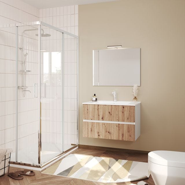 MOBILE BAGNO SOSPESO 80CM BIANCO E ROVERE CANNETTATO, SPECCHIO 80X60 | SALINA