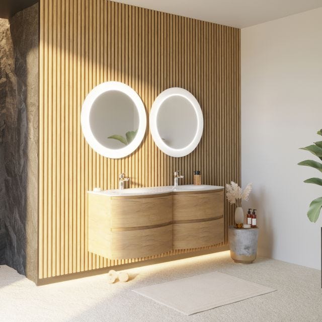 MOBILE BAGNO SOSPESO CURVO DA 140CM IN ROVERE DOPPIO LAVABO IN RESINA | LOS ANGELES