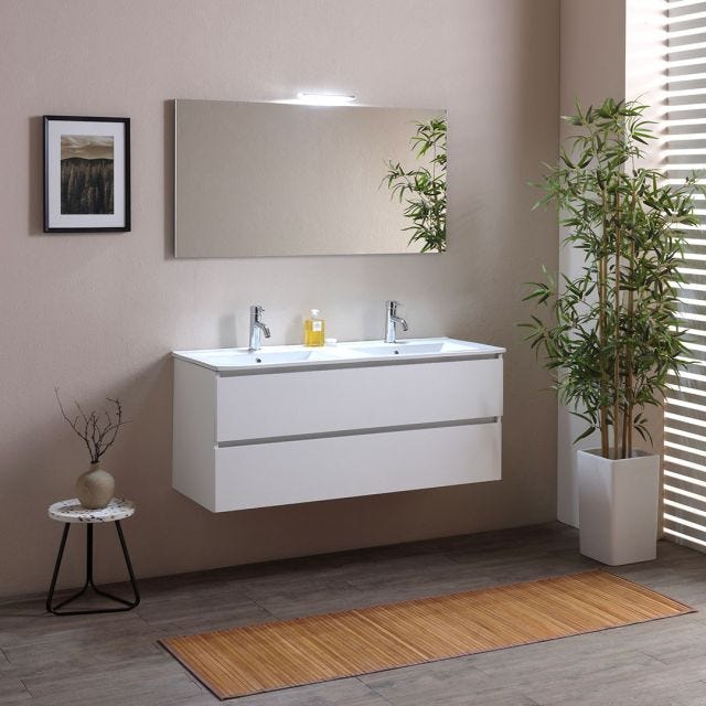MOBILE BAGNO 120 CM CON 2 CASSETTI BIANCO DOPPIO LAVABO LUCE A LED | BERLIN 